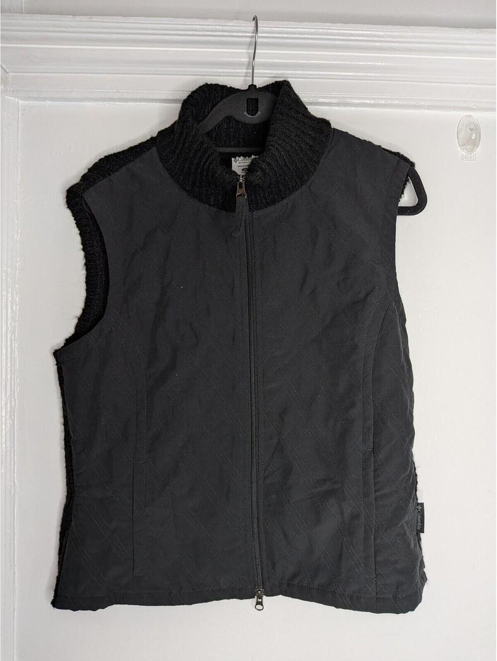 Columbia Vest Womens XL Black Quilted Knit Back Full Zip Fleece Lined Outdoor